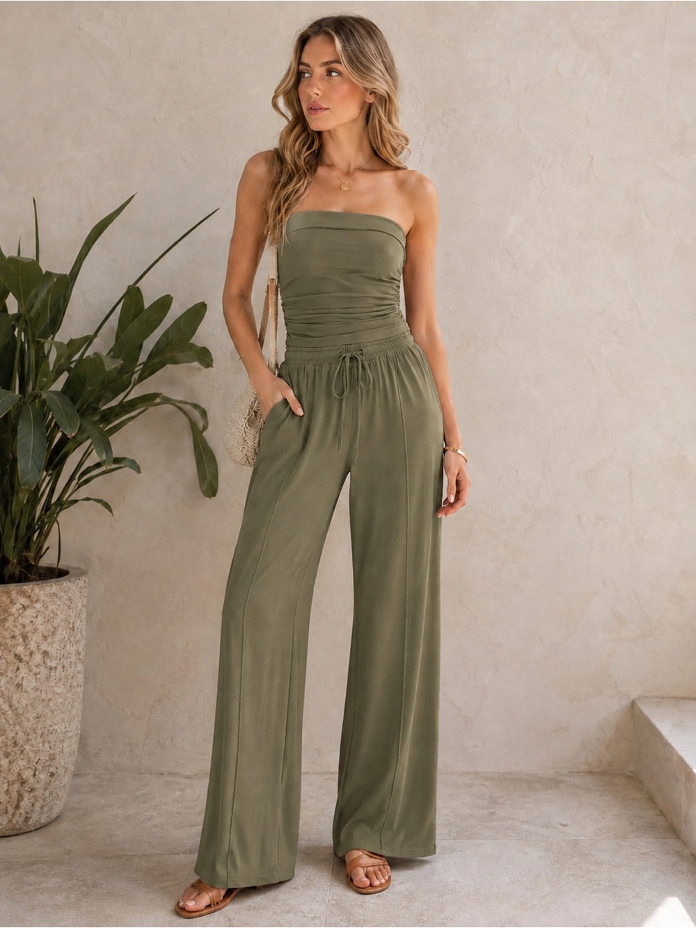 BTFBM Strapless Ribbed Crop & Pant Set